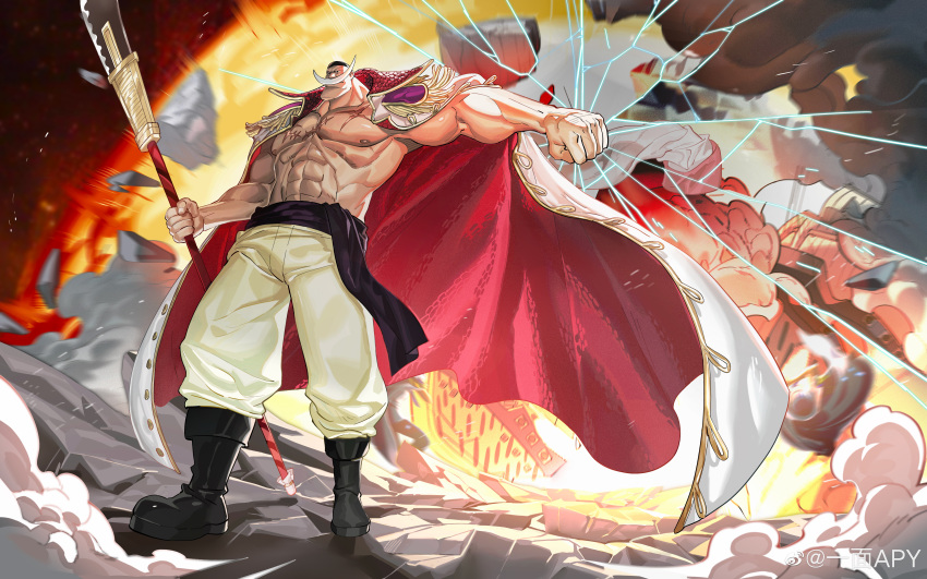 1boy abs absurdres apymian baggy_pants bandana bara battle coat coat_on_shoulders crack cracking_ground devil_fruit_power edward_newgate explosion facial_hair from_below full_body highres huge_weapon large_pectorals long_mustache male_focus muscular muscular_male mustache navel nipples old old_man one_piece outstretched_arm pants pectorals pirate planted scar smile solo stomach strongman_waist thick_eyebrows thick_mustache weapon