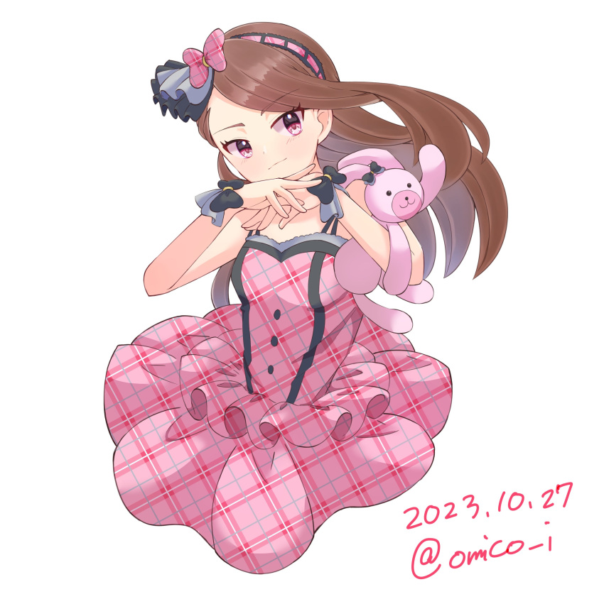 absurdres bow breasts brown_hair buttons checkered_clothes checkered_dress commentary dated dress hairband hands_up highres holding holding_stuffed_toy idolmaster idolmaster_(classic) long_hair looking_at_viewer minase_iori omi_(omico_i) pink_bow pink_dress pink_eyes pink_hairband small_breasts smile stuffed_animal stuffed_rabbit stuffed_toy twitter_username usa-chan_(idolmaster) white_background