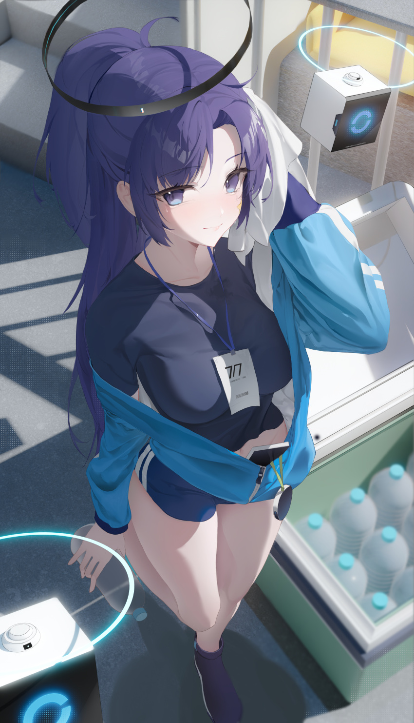 1girl absurdres blue_archive blue_jacket blush breasts closed_mouth dingding_(chongsangjun) drone from_above halo highres id_card jacket lanyard long_hair long_sleeves looking_at_viewer mechanical_halo medium_breasts official_alternate_costume ponytail purple_eyes purple_hair solo thighs track_jacket yuuka_(blue_archive) yuuka_(track)_(blue_archive)