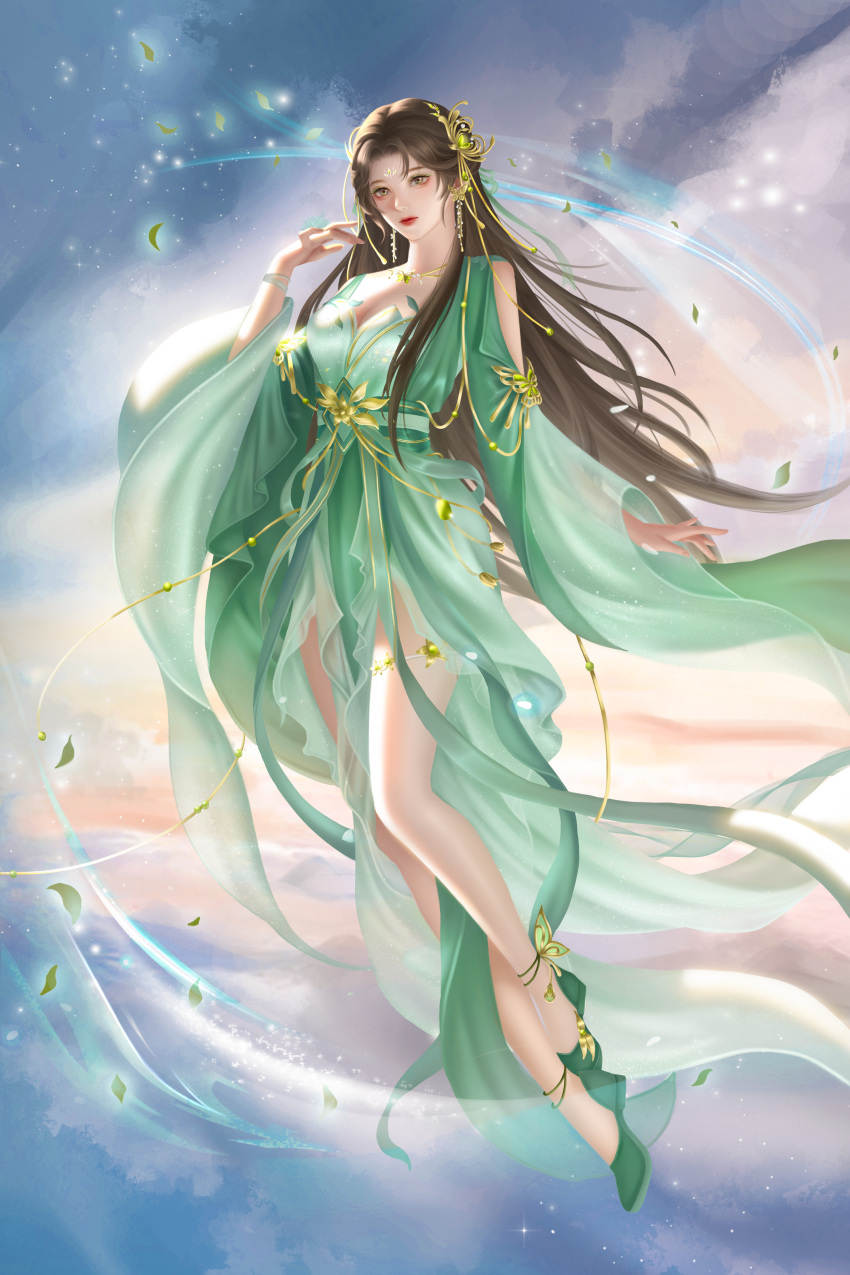 1girl absurdres artist_request baiguio_(zhu_xian) bracelet brown_hair closed_mouth dress earrings expressionless facial_mark falling_leaves floating forehead_mark full_body green_dress green_footwear hair_ornament highres jewelry leaf long_hair necklace second-party_source solo thighhighs white_thighhighs wind zhu_xian