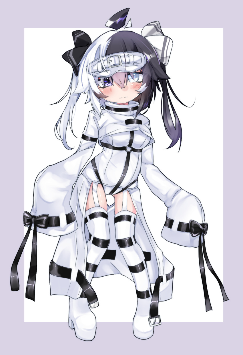 1girl ahoge belt black_eyes black_hair blindfold_removed boots breasts collar full_body garter_straps hair_ribbon heterochromia highres multicolored_hair original pigeon-toed platform_boots platform_footwear ribbon shrug_(clothing) sleeves_past_wrists small_breasts solo split-color_hair standing straitjacket thigh_boots twintails two-tone_background two-tone_hair ushiro_(nkinoko) white_eyes white_hair