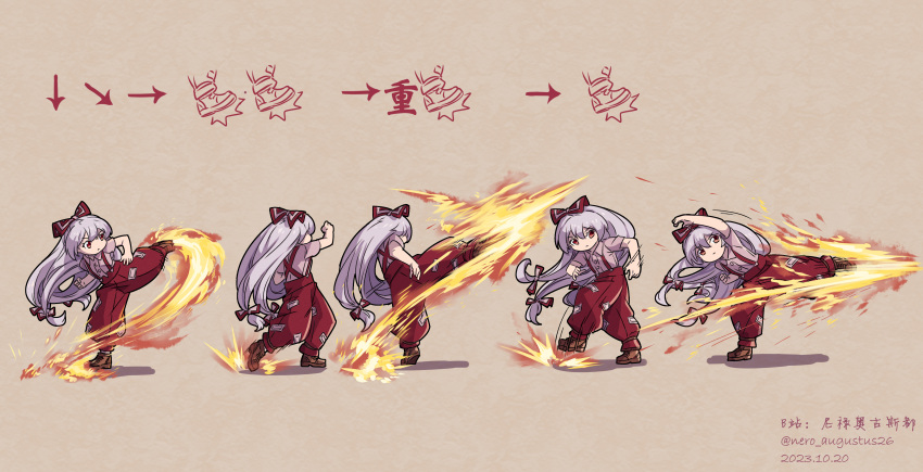 1girl absurdres bow fighting_game fire fujiwara_no_mokou grey_hair grey_shirt hair_bow highres ken_masters kicking long_hair nero_augustus ofuda ofuda_on_clothes pants red_pants shirt street_fighter street_fighter_6 suspenders touhou