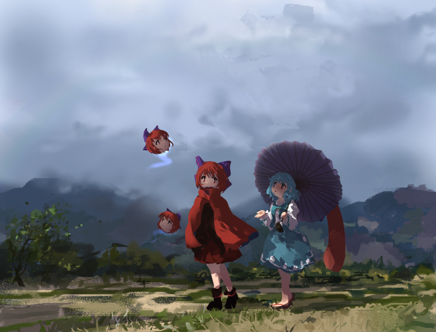 2girls black_footwear blue_dress blue_hair commentary_request dress floating_head geta highres holding holding_umbrella jacket landscape multiple_girls outstretched_hand overcast red_dress red_eyes red_hair red_jacket sandals sekibanki shirt sky tatara_kogasa touhou tree umbrella ushitsuchi white_shirt