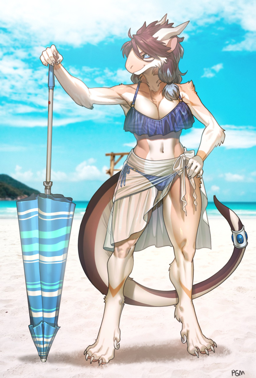 2023 absurd_res accessory anthro arm_tuft beach bikini blue_bikini blue_clothing blue_eyes blue_swimwear breasts chest_tuft clothing collarbone dragon elbow_tuft female fur furgonomics furred_dragon hair hand_on_hip hi_res hip_tuft horn jewelry navel outside pgm300 pupils ring sarong seaside shoulder_tuft side-tie_bikini slit_pupils solo string_bikini swimwear tail tail_accessory tail_jewelry tail_ring tuft umbrella wingless_dragon