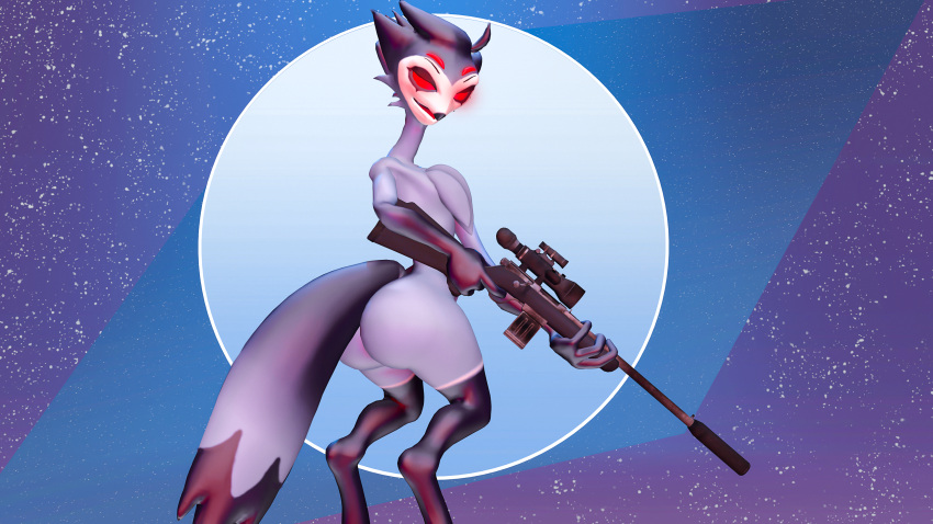 16:9 3d_(artwork) absurd_res anthro avian big_butt bird butt demon digital_media_(artwork) feathers fur gomifox gun hair helluva_boss hi_res looking_at_viewer male multi_eye nude open_mouth owl owl_demon ranged_weapon red_eyes rifle simple_background sniper_rifle solo source_filmmaker stolas_(goetia) stolas_(helluva_boss) tail tail_feathers weapon widescreen