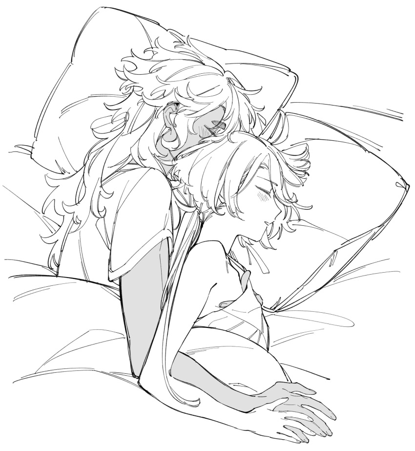 2girls bed blush closed_eyes couple grabbing grabbing_another's_breast gundam gundam_suisei_no_majo hair_down highres hug hug_from_behind low_ponytail lying messy_hair miorine_rembran monochrome multiple_girls on_side parted_lips pillow shirt size_difference sleeping sleepwear suletta_mercury t-shirt yuri zhuotian