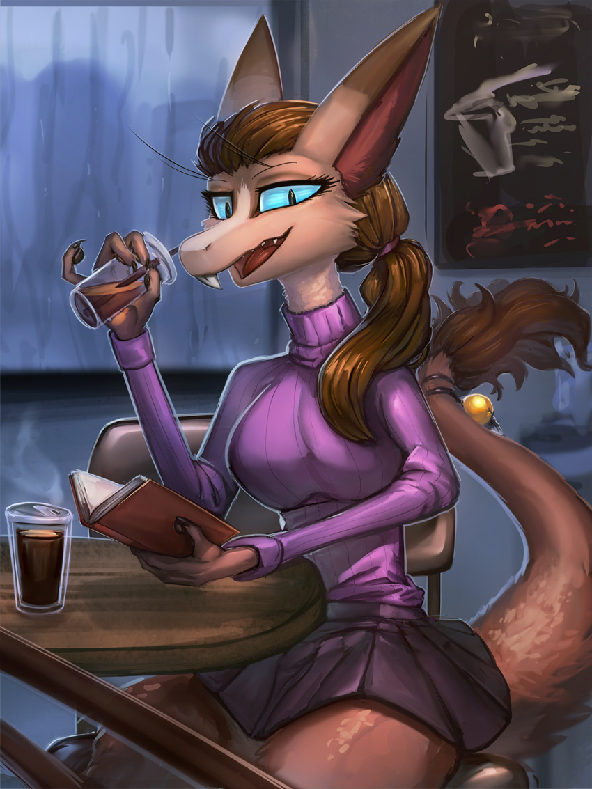 2023 accessory anthro bell beverage big_breasts black_bottomwear black_clothing black_skirt book bottomwear breasts brown_hair chair clothed clothing coffee_shop digital_media_(artwork) female furgonomics furniture general-irrelevant hair hi_res holding_beverage holding_book holding_object inside looking_at_viewer mammal open_mouth out-of-placers pink_clothing pink_sweater pink_topwear ponytail raining sitting skirt smile solo sweater table tail tail_accessory tail_bell tail_tuft topwear tuft turtleneck webcomic window wood wood_furniture wood_table yinglet