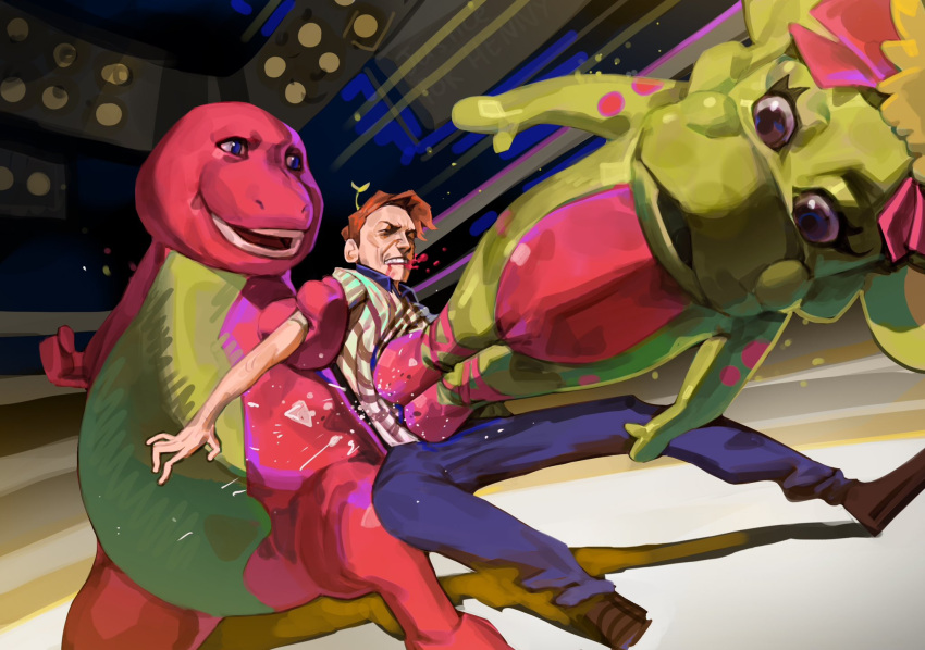 2023 action_shot anthro arm_grab baby_bop barney_and_friends barney_the_dinosaur blessed_image blood bodily_fluids bottomwear ceratopsian clothed clothing crossover denim denim_clothing dinosaur eyebrows eyelashes female fight fighting_ring flying_kick footwear group hair hi_res hieumayart human humor impact_lines inside jeans jeremy_harrington jerma985 jumping kick male mammal meme motion_lines open_mouth open_smile ornithischian pants reptile scalie shadow shirt shoes smile spotlight standing suspended_in_midair teeth theropod topwear triceratops trio tyrannosaurid tyrannosaurus wounded wrestling