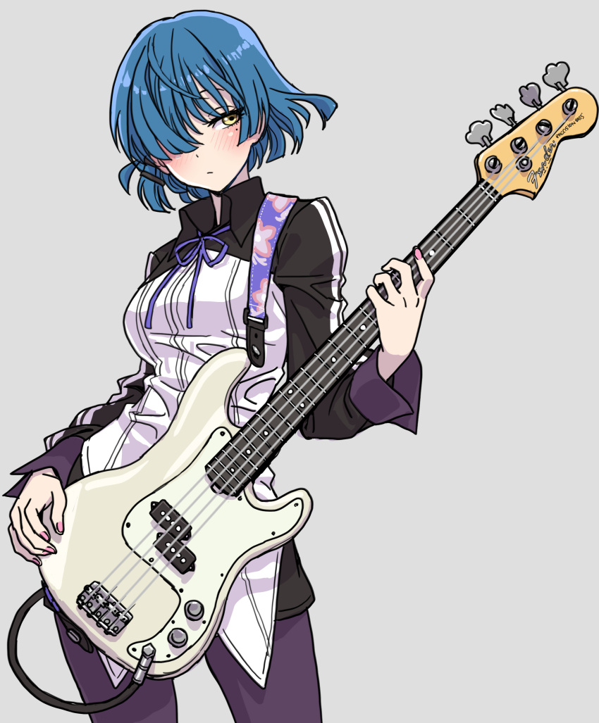 1girl absurdres bass_guitar black_jacket blue_hair bocchi_the_rock! breasts expressionless grey_background hair_over_eyes highres instrument jacket orange_eyes pants pink_nails purple_pants short_hair solo yamada_ryo yamashita_shun'ya