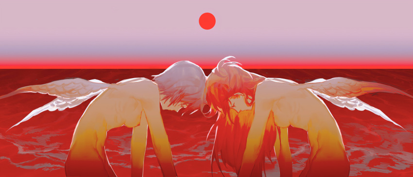 2girls angel_wings ayanami_rei beach blue_hair breasts closed_eyes completely_nude gradient_sky heads_together highres lcl long_hair medium_breasts multiple_girls neon_genesis_evangelion nude ocean red_hair red_ocean red_sun short_hair sky souryuu_asuka_langley sunset white_wings wings