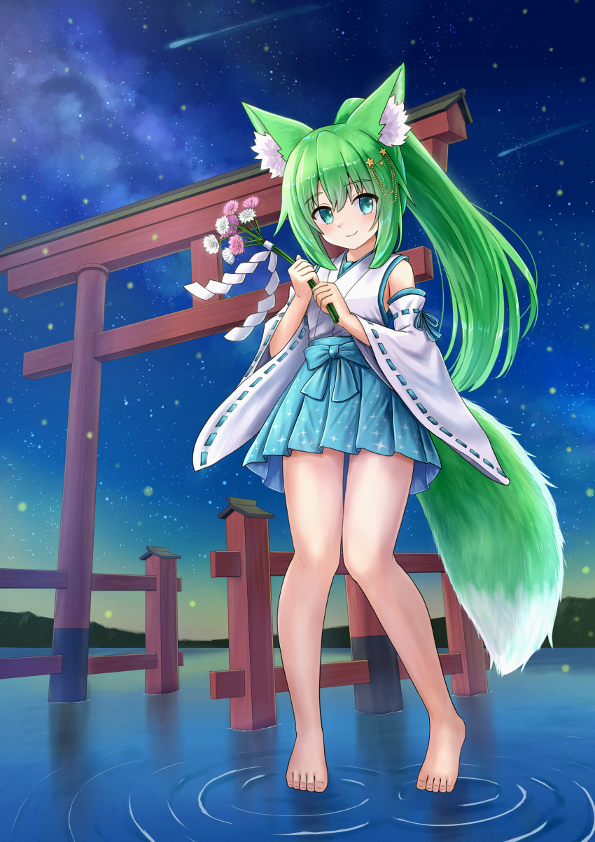 1girl absurdres animal_ear_fluff animal_ears bare_shoulders barefoot blue_eyes blue_hakama bouquet closed_mouth commission detached_sleeves falling_star flower fox_ears fox_girl fox_tail green_hair hair_ornament hakama hakama_short_skirt hakama_skirt high_ponytail highres holding holding_bouquet iroha_(iroha_matsurika) japanese_clothes kimono long_hair long_sleeves miko night night_sky original outdoors pink_flower pixiv_commission ponytail purple_flower ribbon-trimmed_sleeves ribbon_trim ripples shide shooting_star skirt sky sleeveless sleeveless_kimono smile solo star_(sky) star_(symbol) star_hair_ornament starry_sky tail torii very_long_hair water white_flower white_kimono white_sleeves wide_sleeves