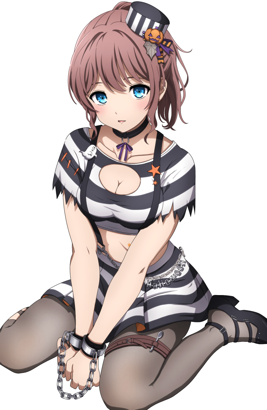 1girl absurdres ankle_strap bang_dream! belt belt_buckle black_collar black_footwear black_headwear black_shirt black_skirt blue_eyes breasts brown_belt brown_hair brown_pantyhose buckle chain chained chained_wrists cleavage cleavage_cutout clothing_cutout collar collarbone colored_skin commentary crop_top cuffs full_body hair_ornament halloween_costume hat high_heels highres jack-o'-lantern jack-o'-lantern_hair_ornament light_blush looking_at_viewer medium_breasts medium_hair midriff mini_hat miniskirt multicolored_skin neck_ribbon noshimurin o-ring_collar official_alternate_costume pantyhose parted_lips ponytail prison_clothes purple_ribbon ribbon shirt short_sleeves sidelocks simple_background sitting skirt solo spoon star_tattoo stomach_tattoo strappy_heels striped striped_headwear striped_shirt striped_skirt tattoo thigh_belt thigh_strap tilted_headwear torn_clothes torn_pantyhose torn_shirt two-tone_shirt two-tone_skin v_arms wariza white_background white_shirt white_skirt yamabuki_saya
