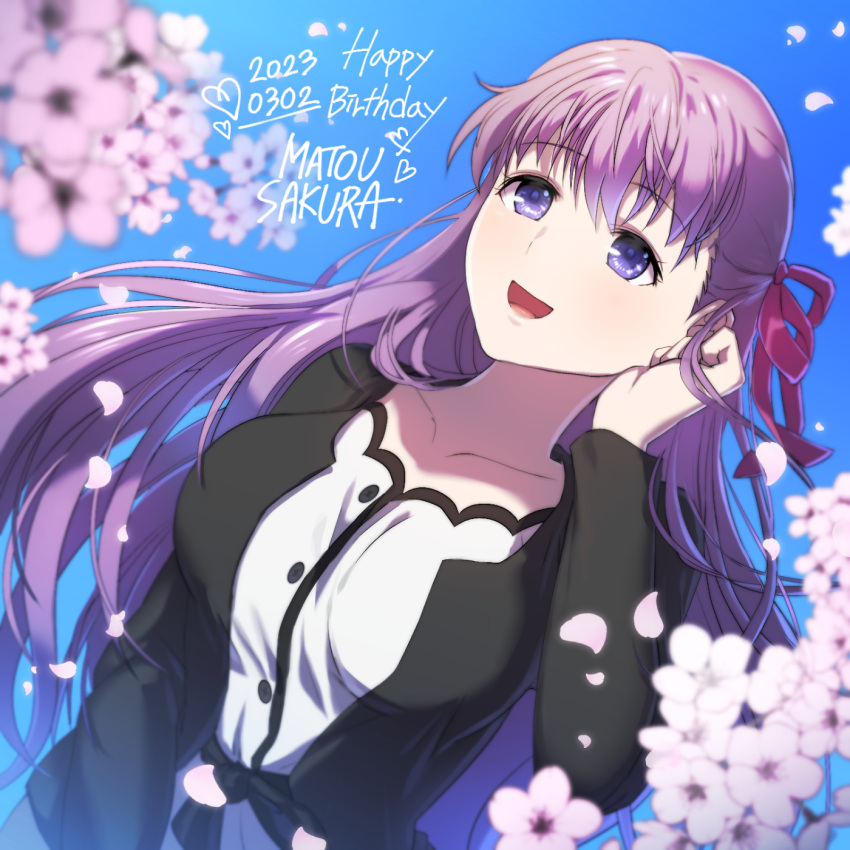 1girl 2023 5rs_g4rn3t black_jacket blue_background buttons character_name cherry_blossoms collarbone commentary_request dress english_text fate/stay_night fate_(series) flower hair_between_eyes hair_ribbon happy_birthday heaven's_feel highres jacket long_hair long_sleeves looking_away matou_sakura open_clothes open_jacket open_mouth petals pink_flower pink_ribbon purple_eyes purple_hair ribbon smile solo white_dress