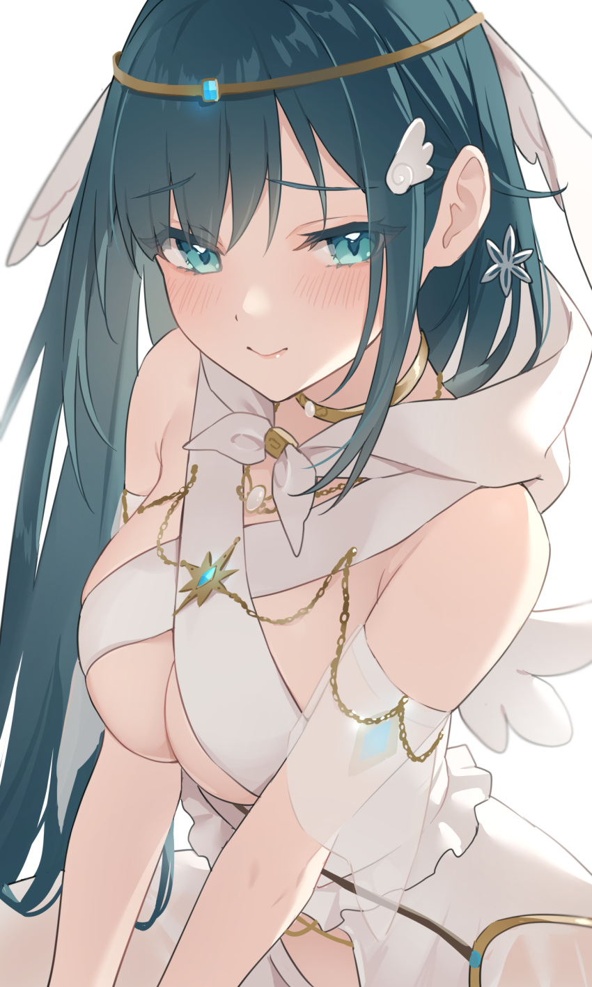 1girl amano_nene_(vtuber) amano_nene_(vtuber)_(4th_costume) aqua_eyes bare_shoulders blue_hair blush breasts breasts_squeezed_together chain circlet cleavage closed_mouth commentary commission dark_blue_hair detached_sleeves gold_chain head_wings highres hood hood_down jewelry large_breasts long_hair looking_at_viewer neck_ring production_kawaii see-through see-through_skirt see-through_sleeves skeb_commission skirt sling_bikini_top smile solo symbol-only_commentary teti v_arms virtual_youtuber white_skirt white_sleeves wing_hair_ornament wings