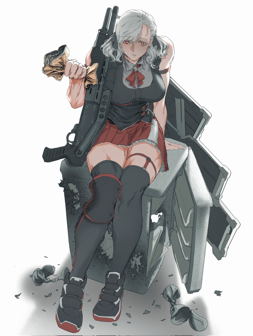 1girl black_footwear black_thighhighs breasts can commission crushed_can girls'_frontline gun highres knee_pads large_breasts maxturbo69 medium_hair parted_lips pump_action red_eyes red_skirt refrigerator shield shoes shotgun sitting skirt sneakers spas-12 spas-12_(girls'_frontline) thighhighs weapon white_background white_hair