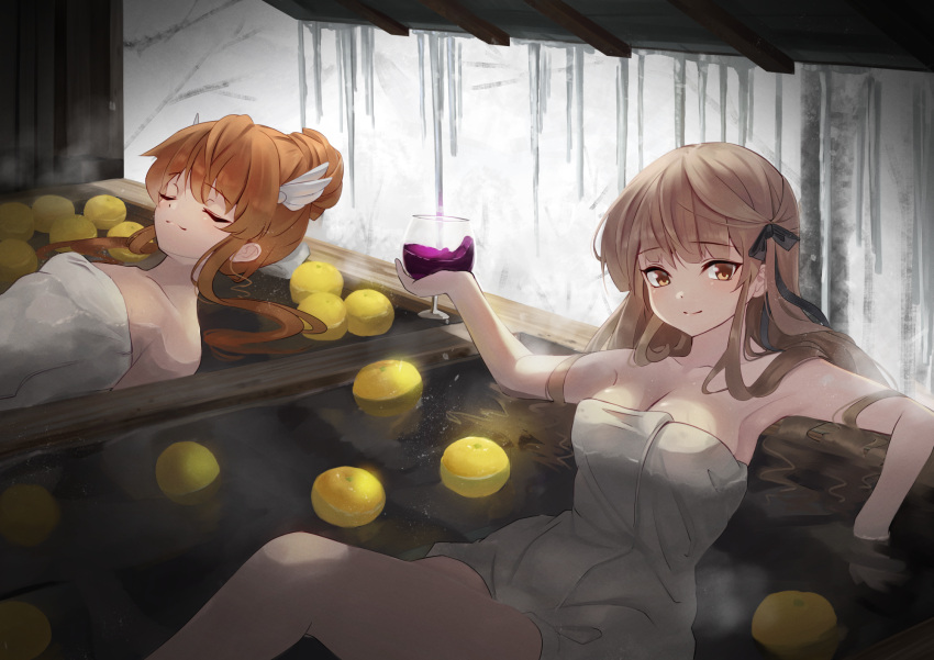 2girls :3 alcohol bare_arms bare_shoulders bath black_ribbon blunt_bangs blush breasts brown_eyes cleavage closed_eyes closed_mouth collarbone commentary_request cup curvy drinking_glass eyelashes floating_hair food fruit fruit_on_liquid hair_between_eyes hair_over_shoulder hair_ribbon hair_spread_out hand_up highres holding holding_cup large_breasts leaning_back light_brown_hair long_hair looking_at_viewer multiple_girls naked_towel onsen ootori_chihaya orange_hair partially_submerged perspective relaxing rewrite ribbon senri_akane sidelocks sitting smile snowing steam tagame_(tagamecat) towel very_long_hair wine wine_glass wing_hair_ornament winter yuzu_(fruit)