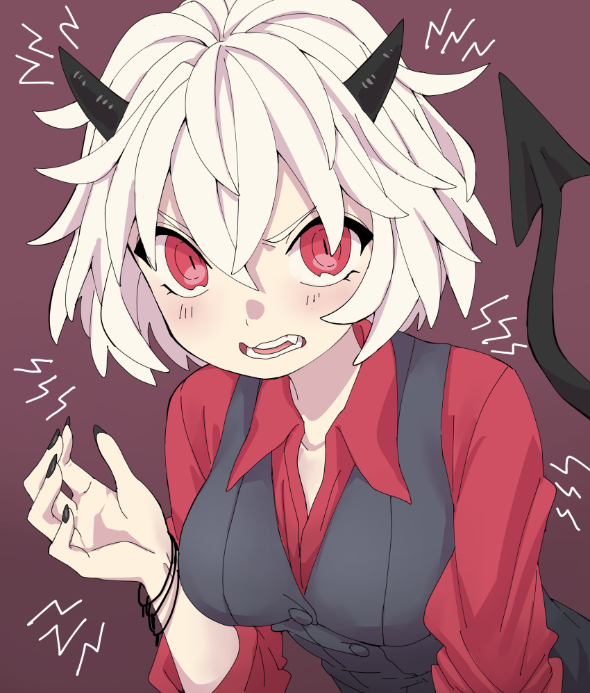 1girl absurdres banana_takemura black_nails black_vest breasts collared_shirt demon_tail english_commentary fang hand_up helltaker highres horns looking_at_viewer malina_(helltaker) medium_breasts medium_hair nail_polish open_mouth red_eyes red_shirt shirt simple_background slit_pupils solo tail upper_body vest white_hair