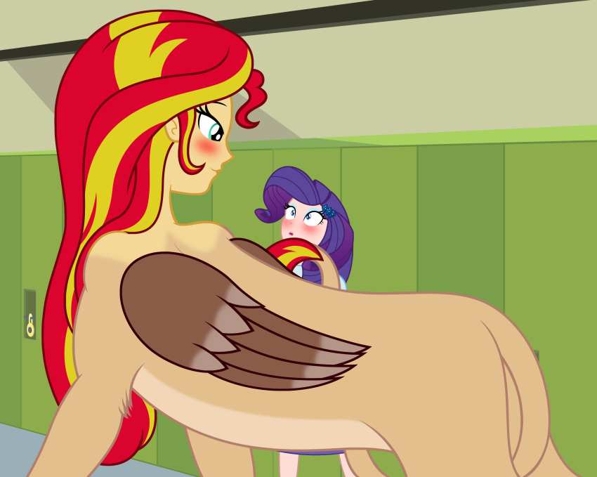 badumsquish blonde_hair blue_eyes blush equestria_girls felid female flirting hair hasbro hi_res humanoid locker long_hair mammal multicolored_hair my_little_pony mythological_sphinx mythology purple_hair rarity_(eg) red_hair sunset_shimmer_(eg) two_tone_hair white_body white_skin wings