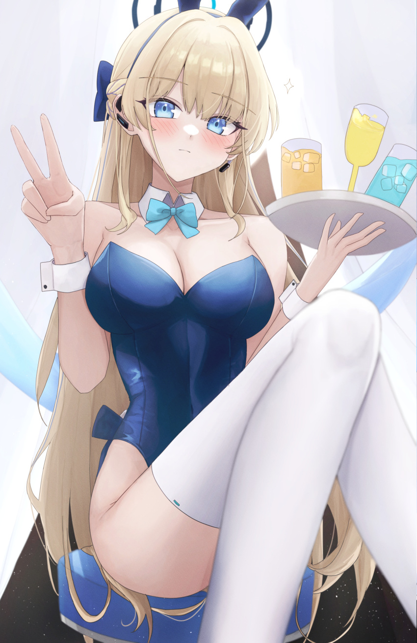 1girl absurdres animal_ears blonde_hair blue_archive blue_bow blue_bowtie blue_eyes blue_hair blue_leotard blush bow bowtie breasts closed_mouth cup detached_collar drink fake_animal_ears highres holding holding_tray leotard long_hair medium_breasts mofu07519 multicolored_hair official_alternate_costume rabbit_ears solo strapless strapless_leotard streaked_hair thighhighs toki_(blue_archive) toki_(bunny)_(blue_archive) tray v white_thighhighs wrist_cuffs