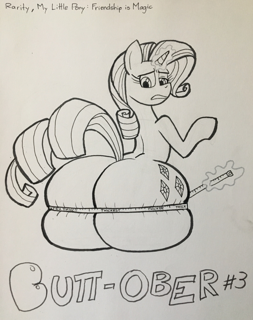 big_butt blu3danny butt cutie_mark english_text equid equine female feral friendship_is_magic hasbro hi_res horn inked_drawing looking_back looking_down mammal my_little_pony rarity_(mlp) rear_view solo tape_measure teeth text traditional_media_(artwork) unicorn unicorn_horn