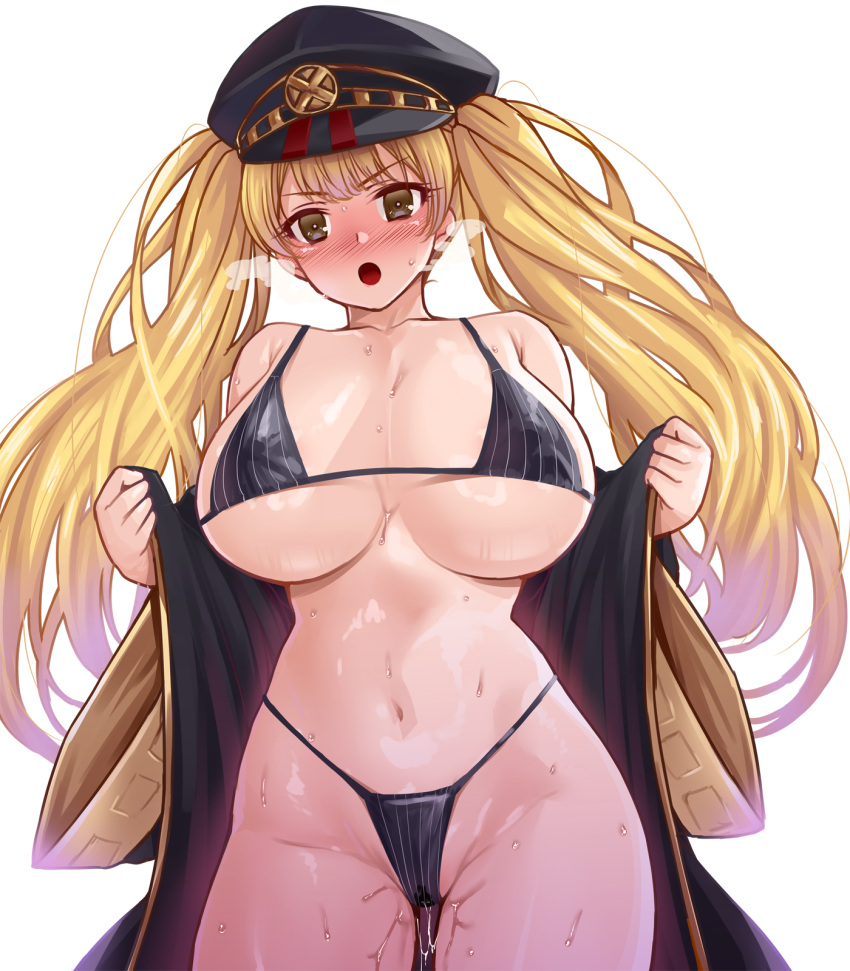 1girl :o bare_shoulders bikini blonde_hair blush breasts breath coat full_body granblue_fantasy hat heavy_breathing highleg highleg_bikini highres huge_breasts long_hair looking_at_viewer military_hat monika_weisswind namidame navel open_clothes open_mouth peaked_cap pussy_juice solo string_bikini sweat swimsuit swimsuit_under_clothes transparent_background twintails very_long_hair wet wide_sleeves