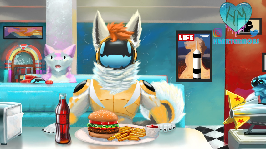 2022 anthro bottle burger container detailed_background diner feral food fries group heartermobs hi_res jukebox machine male protogen sergal