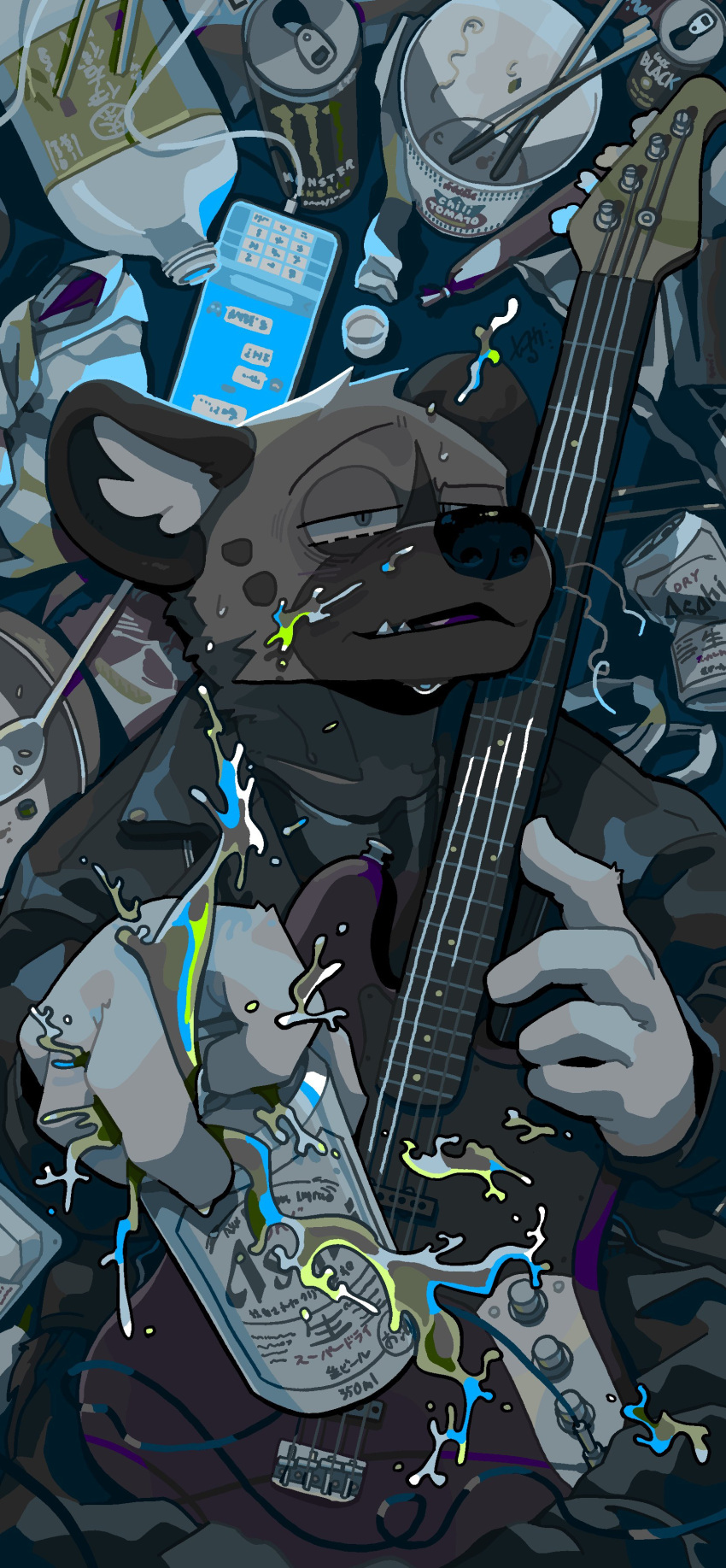 1boy absurdres aggressive_retsuko alcohol animal_ears beer beer_can can clutter collarbone furry furry_male guitar haida_(aggretsuko) half-closed_eyes highres holding holding_can holding_instrument hyena hyena_ears indoors instrument jacket leather leather_jacket looking_at_viewer lying on_back on_floor opening_can parted_lips sharp_teeth shirt smile spilling teeth vetiver