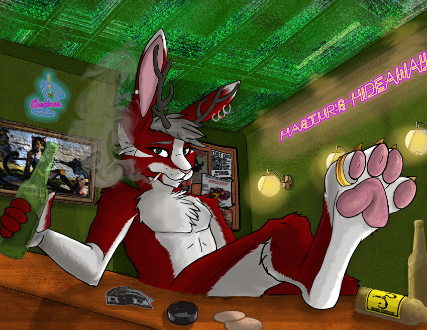 absurd_res alcohol alcoholic_drink anthro antlers bar beer beverage cigarette coaster cocktail_glass container countertop cup digit_ring drinking_glass ear_piercing ear_ring feet foot_fetish foot_focus fur glass glass_container glass_cup green_eyes grey_hair hair hi_res horn jackalope jewelry lagomorph looking_at_viewer male mammal money multiple_earrings neon_lights painting_(object) pawpads paws piercing red_body red_fur ring ring_piercing sans_alembic_(character) sansalembic_(artist) smoking smoking_cigarette solo solo_focus toe_ring toes