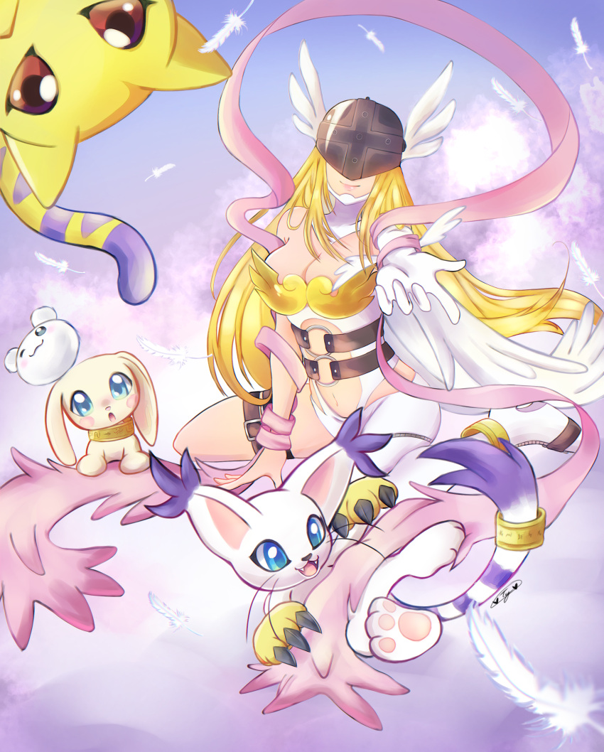 1girl :3 absurdres angel angel_wings angewomon asymmetrical_clothes bare_shoulders belt blonde_hair breasts cat cleavage closed_mouth covered_eyes creature digimon digimon_(creature) dog elbow_gloves english_commentary falling_feathers fangs feathered_wings feathers full_body gloves hagoromo helmet highres holy_ring jewelry krystalstar70 large_breasts long_hair multiple_wings navel nyaromon o-ring o-ring_belt one_eye_closed open_mouth outstretched_hand plotmon ring shawl signature single_elbow_glove sitting smile tailmon thigh_strap wariza white_gloves winged_helmet wings yukimibotamon
