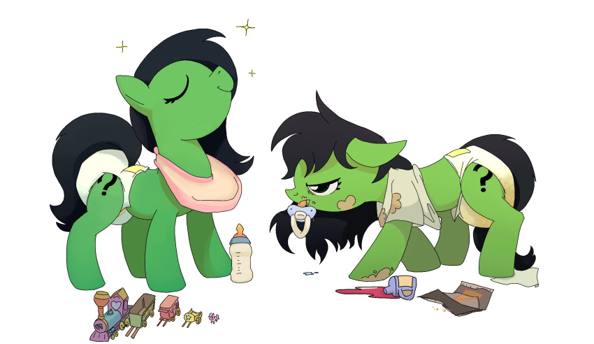 asdfasfasda baby_bottle bib bodily_fluids chips_(food) comparison diaper diaper_fetish drooling duo equid equine feces female filly_anon food genital_fluids grumpy happy hasbro hi_res horse infantilism mammal messy_diaper my_little_pony pacifier pony saliva sippy_cup soiling toy urine wet_diaper wetting