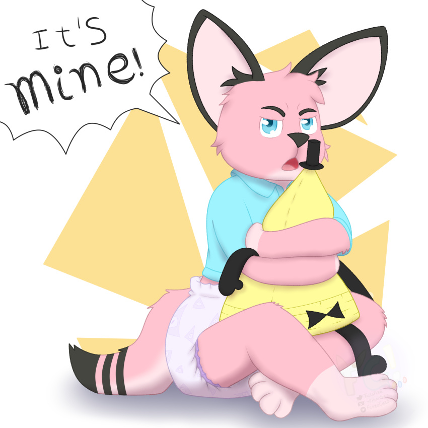 anthro big_ears bill_cipher blue_clothing blue_eyes canid canine clean_diaper clothed clothing diaper disney fennec fennecat_(artist) fox fur gravity_falls hi_res hybrid male mammal pink_body pink_fur polo_shirt red_fox shirt simple_background solo speech_bubble topwear watermark wearing_diaper yelling