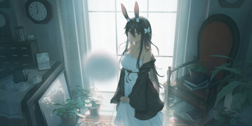 1girl absurdres animal_ears book bow breasts brown_eyes brown_hair chair cleavage clock cup dress hair_bow highres hourglass indoors large_breasts long_hair looking_at_viewer original plant potted_plant rabbit_ears rabbit_girl revision saucer solo teacup wall_clock white_bow white_dress window yao_ren_gui