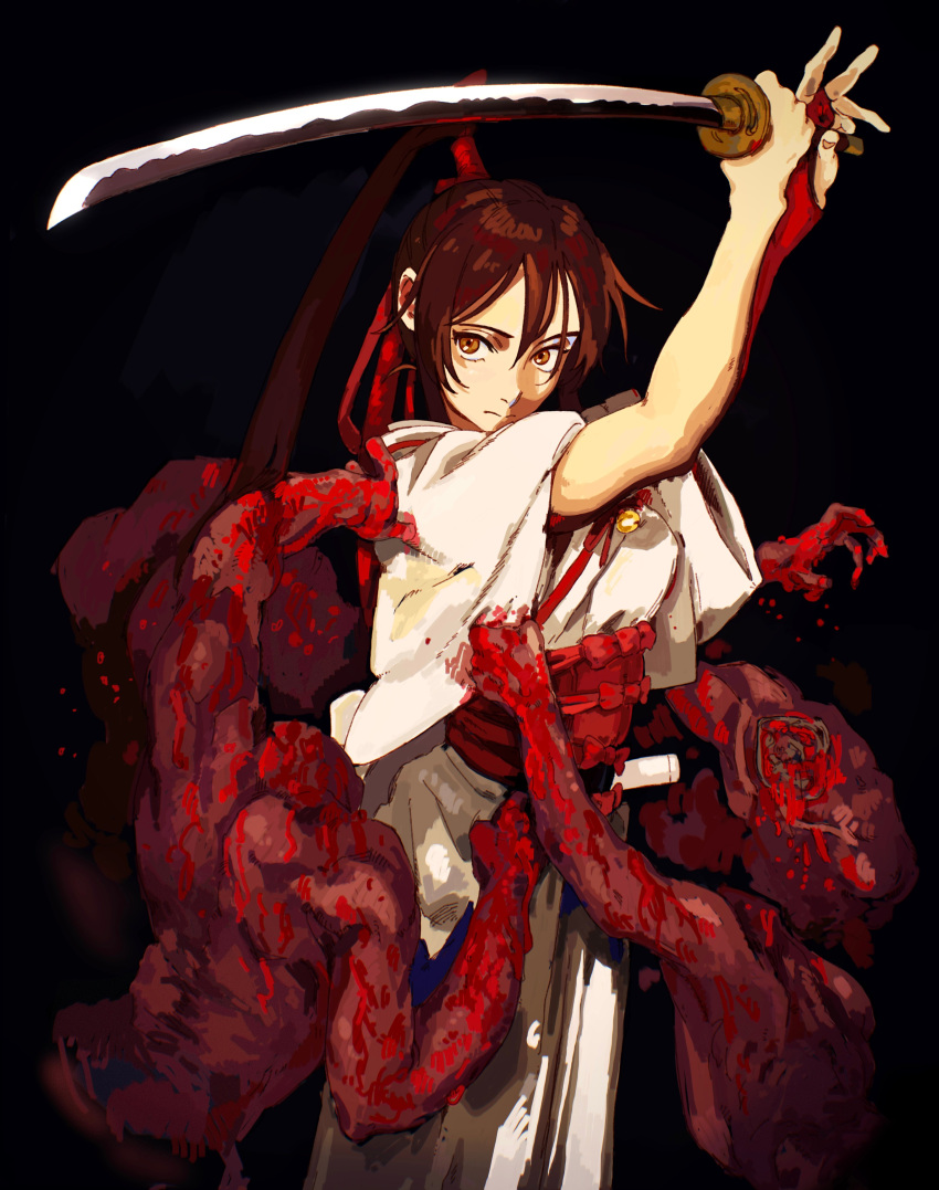 1girl absurdres arms_up bchan1582 black_background blood blood_splatter brown_hair corpse dark_background hair_ribbon headless high_ponytail highres holding holding_sword holding_weapon jigokuraku katana long_hair looking_at_viewer obi red_ribbon ribbon robe sash simple_background solo_focus sword weapon white_robe yamada_asaemon_sagiri