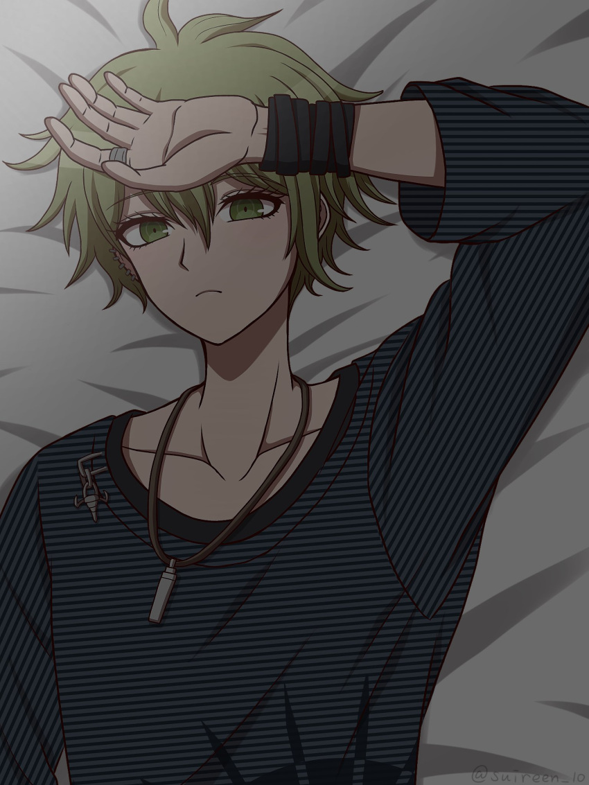 1boy ahoge amami_rantaro arm_up bed_sheet bracelet collarbone danganronpa_(series) danganronpa_v3:_killing_harmony green_eyes green_hair hand_on_own_forehead highres jewelry looking_at_viewer male_focus messy_hair necklace ring shirt short_hair solo striped striped_shirt suiren_yurei upper_body