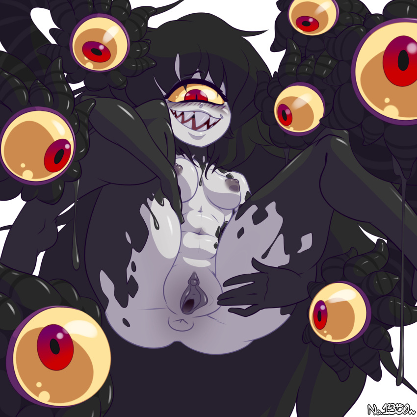 1girl anus archived_source artist_name black_hair blush breasts colored_sclera colored_skin commentary commission cyclops english_commentary extra_eyes foot_out_of_frame gazer_(monster_girl_encyclopedia) grey_skin highres long_hair looking_at_viewer medium_breasts monster_girl monster_girl_encyclopedia navel nipples no123450n nude one-eyed pussy red_eyes sharp_teeth simple_background slime_(substance) slit_pupils smile solo spread_legs spread_pussy tail teeth tentacles uncensored white_background yellow_sclera