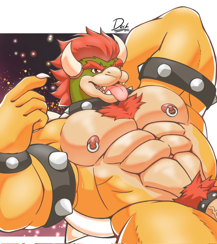 2023 abs accessory anthro armband biceps big_breasts big_muscles body_hair bowser bowser_day breasts chest_hair cock_ring donritchaaa genitals hands_behind_head hi_res horn huge_breasts huge_muscles jewelry koopa lying male mario_(series) mario_bros muscular muscular_anthro muscular_male nintendo nipples nude nude_anthro on_back pecs penis penis_accessory penis_jewelry pubes scalie solo spikes teeth text thick_thighs tongue tongue_out url