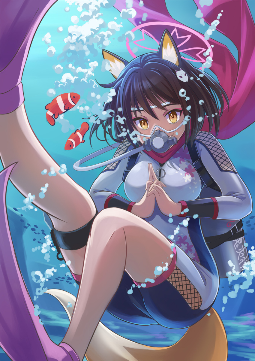 1girl animal_ear_fluff animal_ears blue_archive bodysuit breasts brown_hair bubble clownfish commentary_request commission diving_mask diving_regulator diving_suit fish flippers floral_print fox_ears fox_girl fox_tail goggles hair_between_eyes hair_ornament halo highres holster izuna_(blue_archive) kuji-in large_breasts looking_at_viewer medium_hair nikulas_cage partial_commentary pink_scarf pixiv_commission scarf scuba_tank smile solo tail thigh_holster thighs underwater water wetsuit yellow_eyes
