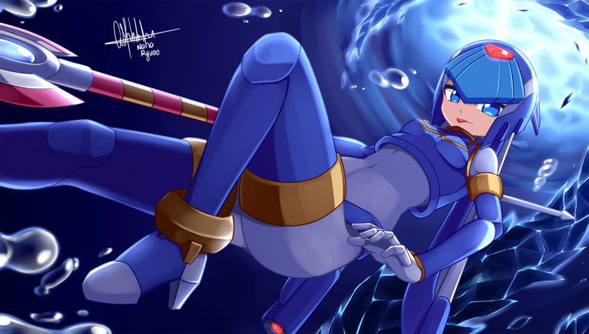 1girl android blue_eyes boots breasts bubble gloves helmet highres holding holding_polearm holding_weapon ice ice_dragon leg_up leviathan_(mega_man) looking_at_viewer mega_man_(series) mega_man_x_(series) mega_man_x_dive mega_man_zero nanayaryuoo open_mouth polearm robot robot_girl signature smile solo spear sunlight thigh_boots thighhighs tongue tongue_out underwater water weapon white_gloves