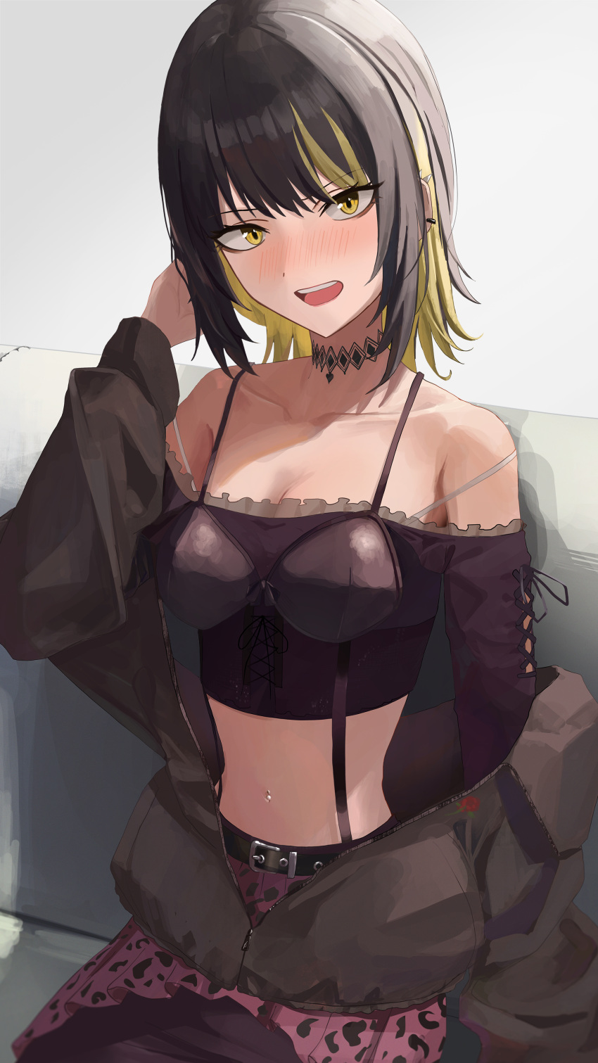 1girl absurdres animal_print black_hair black_jacket black_shirt blonde_hair blush breasts collarbone couch crop_top ear_piercing highres idolmaster idolmaster_shiny_colors ikaruga_luca jacket jacket_partially_removed leopard_print looking_at_viewer midriff multicolored_hair navel nofakeuk off-shoulder_shirt off_shoulder on_couch partially_unzipped piercing pink_skirt shirt sitting skirt small_breasts solo streaked_hair