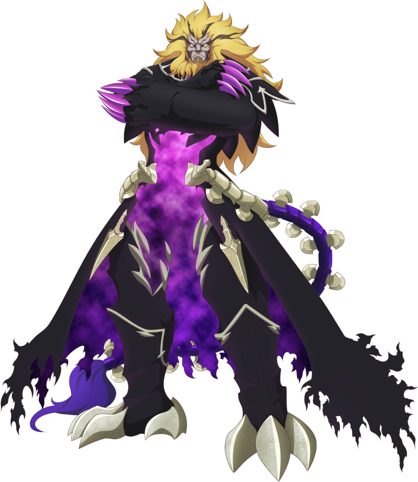 1boy armor black_armor black_cape cape claws colored_sclera crossed_arms darkness frown full_body furry furry_male game_cg heldalf_(tales) highres leg_armor lion_boy lion_tail mane official_art shoulder_armor solo tail tail_armor tales_of_(series) tales_of_asteria tales_of_zestiria third-party_source torn_cape torn_clothes transparent_background yellow_sclera