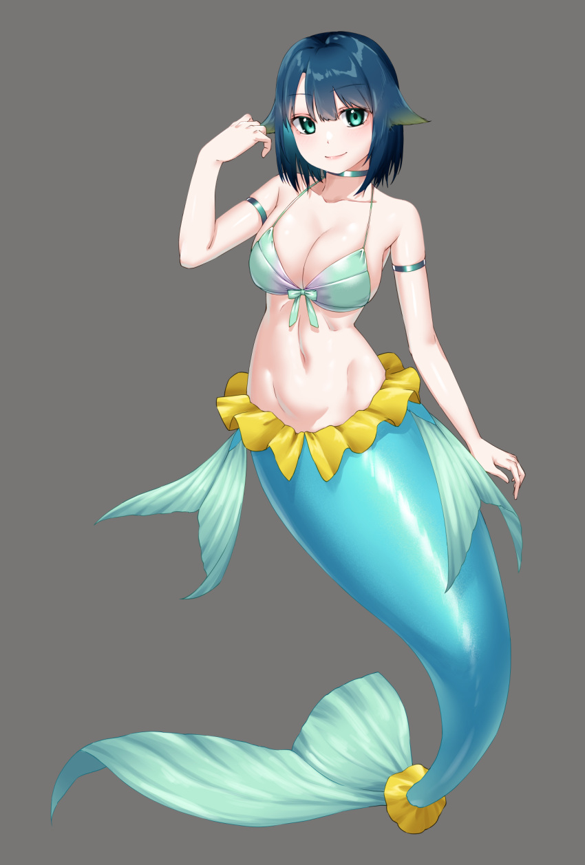 1girl aqua_bikini awono_nanaumi bikini blue_hair breasts cleavage closed_mouth collarbone commentary_request fins fukami_nana full_body green_eyes grey_background hair_flaps hand_up highres large_breasts looking_at_viewer mermaid monster_girl navel original short_hair simple_background smile solo swimsuit