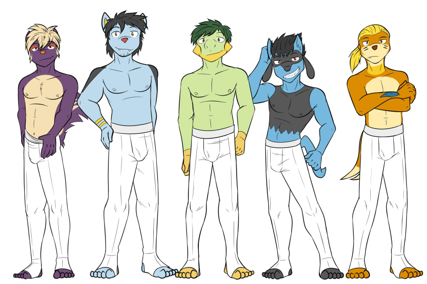 anthro anthrofied buizel clothed clothing crossed_arms fuze generation_4_pokemon grotle group hi_res luxio male navel nintendo nipples pokemon pokemon_(species) pokemorph riolu simple_background stirrup_leggings stirrup_legwear stunky thumb_in_waistband topless white_background