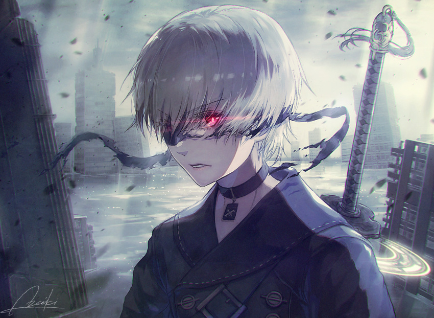 1boy 9s_(nier:automata) black_blindfold black_collar black_shirt blindfold building cloud cloudy_sky collar collared_shirt flood glowing glowing_eyes lira_mist nier:automata nier_(series) parted_lips red_eyes ruins shirt short_hair signature sky skyscraper solo sword sword_behind_back torn_blindfold upper_body water weapon white_hair