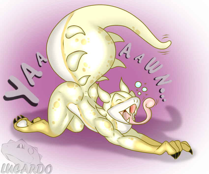 absurd_res anthro bodily_fluids bubble claws digital_media_(artwork) drooling eyes_closed fangs gecko hi_res lizard lucardo lucardo_cruz male open_mouth reptile saliva saliva_on_tongue saliva_string scalie simple_background sleeping solo spikes spikes_(anatomy) stretching tail teeth text tired tongue tongue_out yawn yawning_position