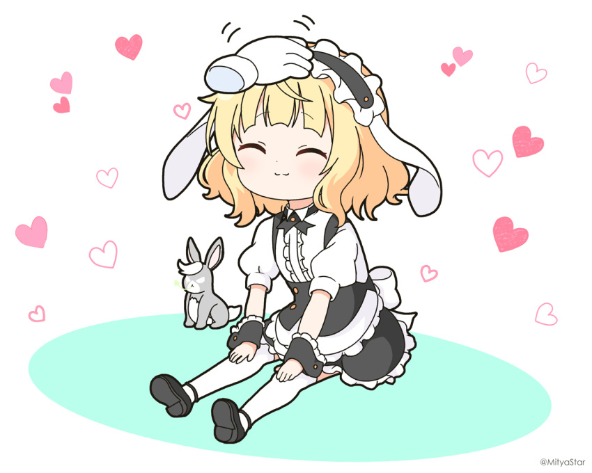 1girl ^_^ animal black_footwear black_skirt blonde_hair center_frills closed_eyes closed_mouth collared_shirt colored_shadow commentary_request disembodied_limb fleur_de_lapin_uniform frilled_skirt frills gochuumon_wa_usagi_desu_ka? headpat heart kirima_syaro mitya puffy_short_sleeves puffy_sleeves rabbit shadow shirt shoe_soles shoes short_sleeves simple_background skirt thighhighs uniform waitress white_background white_shirt white_thighhighs wild_geese wrist_cuffs