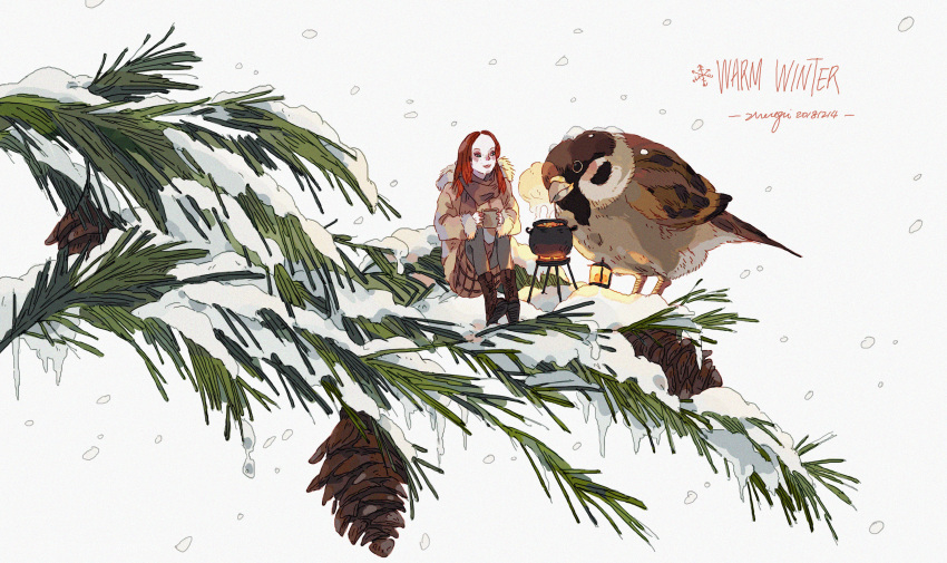 1girl animal artist_name bird boots brown_footwear cauldron coat colored_text commentary cup dated english_commentary english_text eurasian_tree_sparrow fur_trim highres holding holding_cup in_tree lantern large_forehead mini_person minigirl original pale_skin pine_tree pinecone red_hair sitting sitting_in_tree skirt smile snow snowing solid_circle_pupils sparrow tree winter xi_zhang yellow_eyes