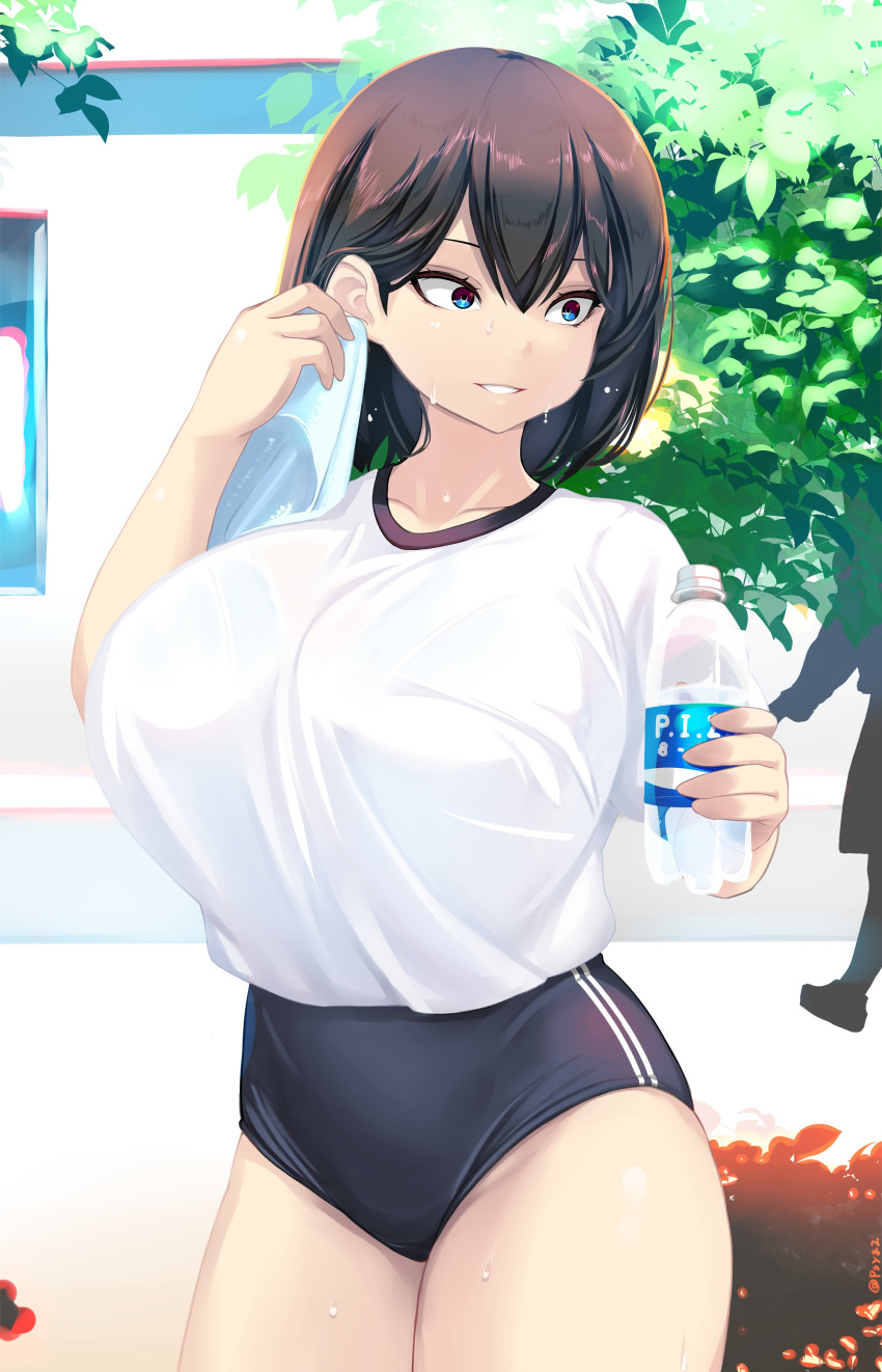 1boy 1girl absurdres black_shorts blue_eyes bottle branch breasts brown_hair gym_shirt gym_shorts gym_uniform highres holding holding_bottle holding_towel large_breasts leaf looking_to_the_side medium_hair original shiki_(psychedelic_g2) shirt shorts smile solo_focus sweat towel wiping_face wiping_sweat