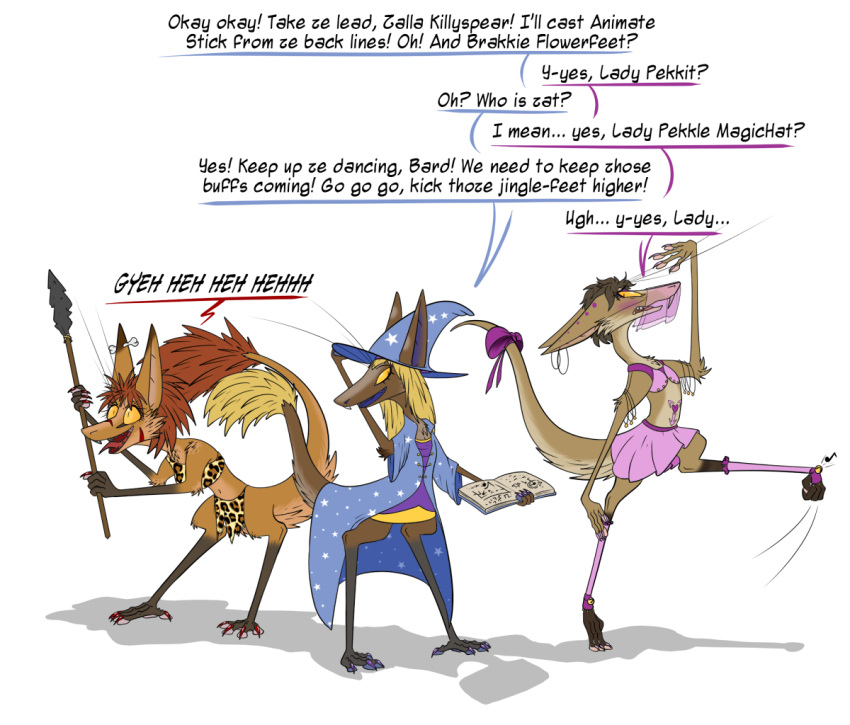 anthro brakka_(oop) clothed clothing crossdressing female group hat headgear headwear male mammal melee_weapon out-of-placers pekkit polearm simple_background spear trio valsalia weapon webcomic white_background wizard_hat yinglet zally