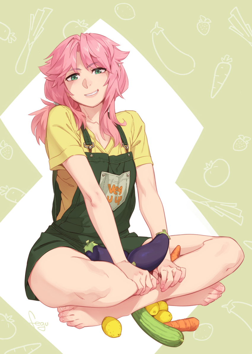 1girl barefoot breasts brown_background carrot cleavage collarbone commentary cucumber eggplant english_commentary eyelashes feet feguimel food fruit full_body green_eyes green_overalls hands_on_own_legs highres legs lemon long_hair looking_at_viewer on_ground original overall_shorts overalls parted_bangs pink_hair ponytail shadow shirt short_sleeves sidelocks signature sitting small_breasts smile solo t-shirt teeth toenails toes yellow_shirt