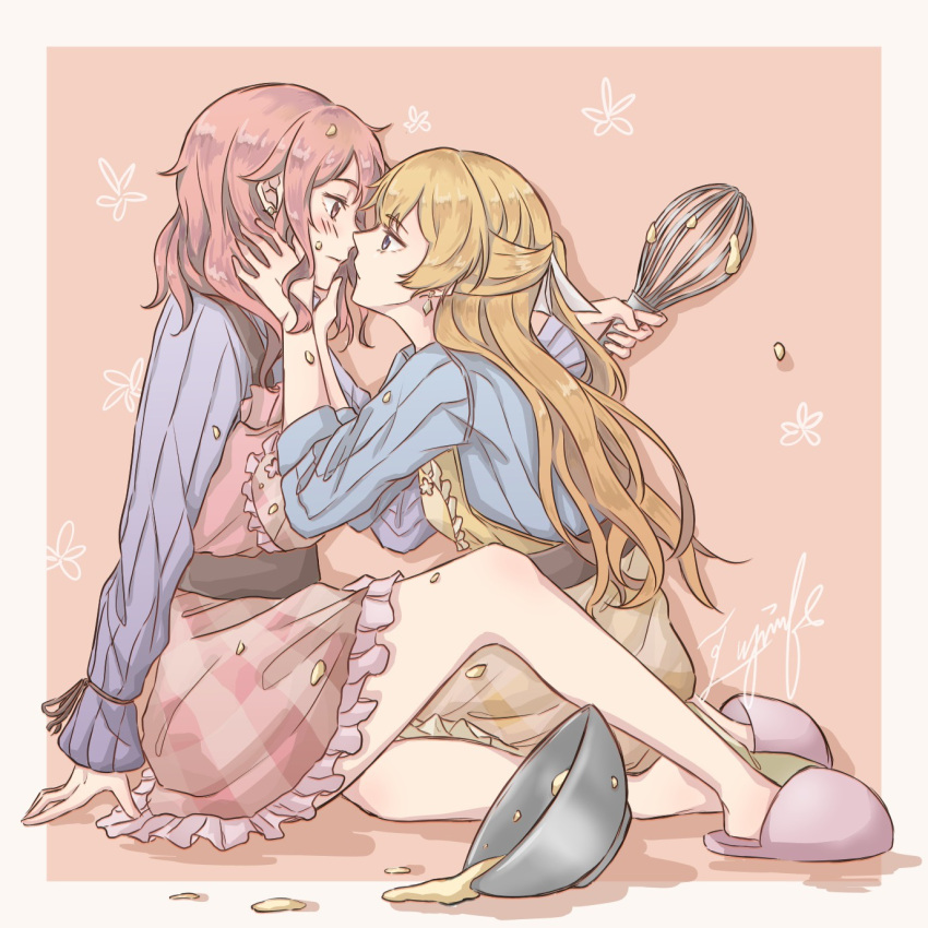 2girls aiiro_bokujuu apron bang_dream! blonde_hair blue_shirt commentary_request cooking highres holding holding_whisk imminent_kiss long_hair looking_at_another maruyama_aya medium_hair mixing_bowl multiple_girls pink_apron pink_eyes pink_hair purple_eyes purple_footwear purple_shirt shirasagi_chisato shirt signature slippers spill whisk yellow_apron yuri